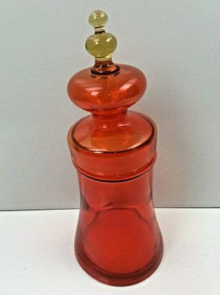 Vintage Tangerine Orange Art Glass Decorative Apothecary Jar W/ Finial Top 14 "