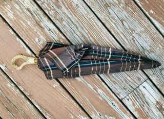 Vtg Brown Plaid Umbrella With Clear Lucite Handle 50 