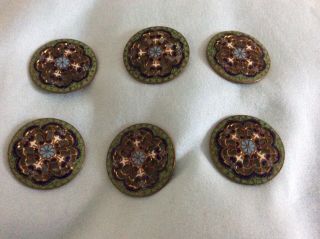 Gorgeous Antique Hand Enameled Brass Ornate Buttons Victorian / Deco Era