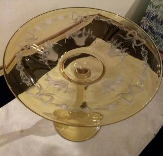 Antique,  Elegant,  Compote,  Etched Yellow And Clear Glass,  7 3/4 " Tall,  Fancy