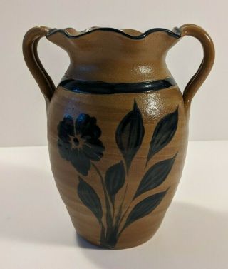 Vintage Williamsburg Pottery 1997 Salt Glaze 2 Handle Ceramic Vase Tan Blue
