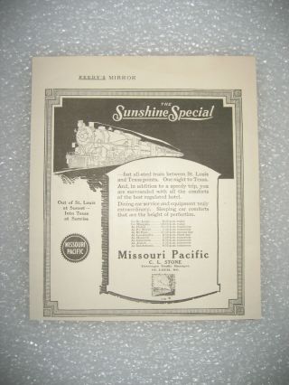 Missouri Pacific Railroad Print Ad - The Sunshine Special Schedule - 1917