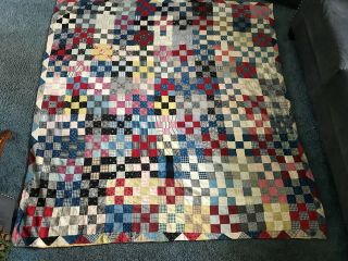 Large Antique/vintage Homemade Quilt,  Patchwork - 9 Patch Pattern, .  68 " X 72 "