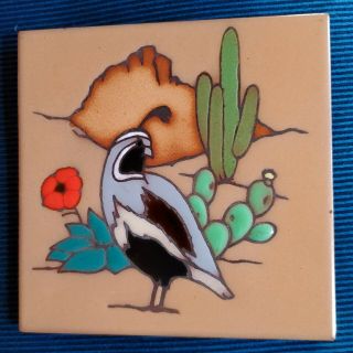 Vintage Masterworks Art Ceramic Tile Trivet Quail Desert Bird Cactus Southwest