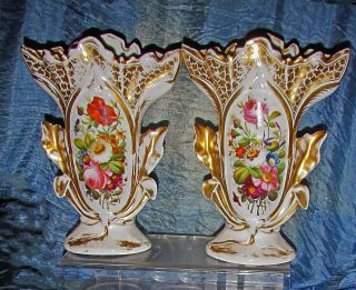 Pair Antique Old Paris Hand Painted Vases Different Flower Bouquets France