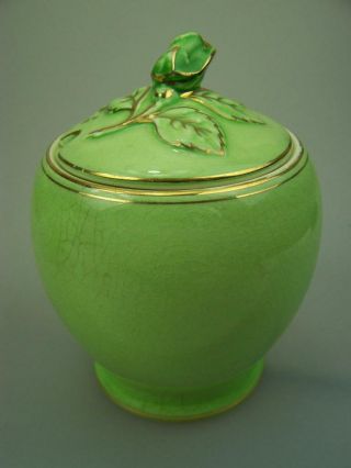 Vintage Royal Winton Grimwades Green Lidded Sugar Bowl With Rose Finial 14