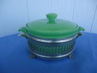 Vintage Art Deco Green Casserole Dish With Silver Stand Servex Bohemia