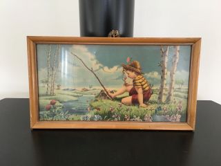 Vintage Wooden/glass Framed Print Of A Little Boy/girl Fishing In A River 319