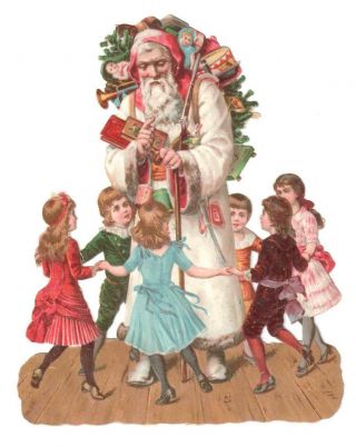 Antique Christmas Die Cut Scrap Kids Dance Around Santa Claus White Coat Toys