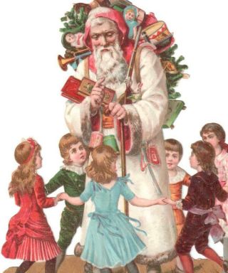 ANTIQUE CHRISTMAS DIE CUT SCRAP KIDS DANCE AROUND SANTA CLAUS WHITE COAT TOYS 2