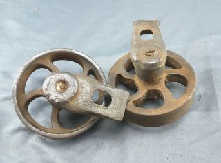 Pair Small Antique Cast Iron Wheels W/axles & Mount Industrial Cart Scale Wagon