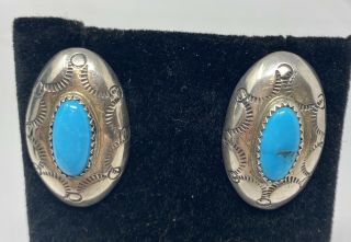 Vintage Native American Sterling Silver Turquoise Tribal Post Earrings (8.  1g)