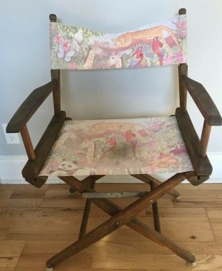 Vintage Folding Directors Chair Animal Print Canvas Wooden Frame Captain Chair