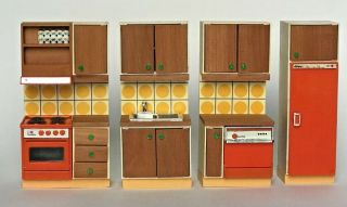 Vintage Lundby Dollhouse Furniture Kitchen Set Cabinets Appliances Orange Sweden