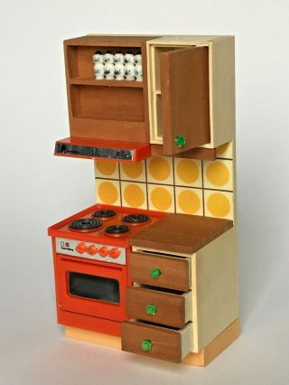 Vintage Lundby Dollhouse Furniture Kitchen Set Cabinets Appliances Orange Sweden 2