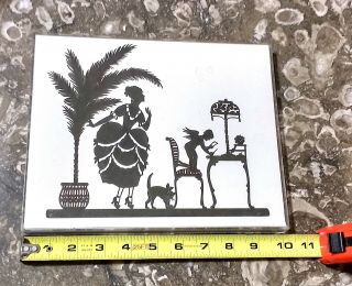 Antique Silhouette Paper Cut Out With Woman Cupid & Cat