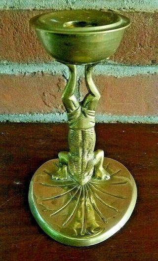 Vintage Brass Frog Candlestick Holder 5.  5 " Tall Handstand Lily Pad 3/4 " Candles
