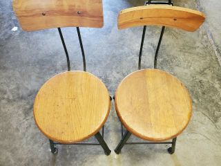 2 Antique Industrial Stool - Angle Steel Drafting Chair Oak Seat Desk Workbench