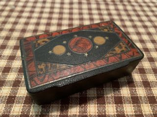 Early 19th Century Papier Mache Snuff Box W Paint Decorated Lid Planets & Stars