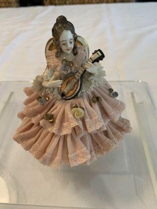 German Dresden Lace Figurine Lady In Chair With Instrument
