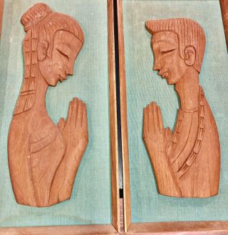 Vintage Mid Century Carved Teak Wall Art Pair Man & Woman Praying Witco 20 " L