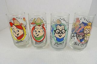 Complete Set Of 4 Vtg 1985 Alvin And The Chipmunks Drinking Glasses Tumblers