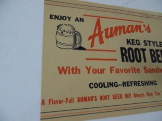 c.  1950s Auman ' s Keg Style Root Beer Paper Sign Vintage Soda Fountain VG 2