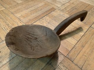 18th Century Walnut Wood Butter Scoop Form Lg Round Bowl & Rat Tail Handle