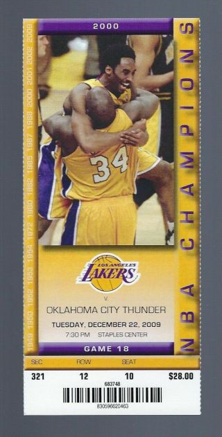 2009 - 10 Nba Thunder @ Los Angeles Lakers Full Ticket - Kobe Bryant 12/22