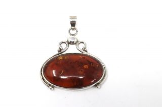 A Large Heavy Vintage Sterling Silver 925 Oval Amber Pendant 15g 22531 2