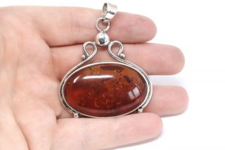 A Large Heavy Vintage Sterling Silver 925 Oval Amber Pendant 15g 22531 3