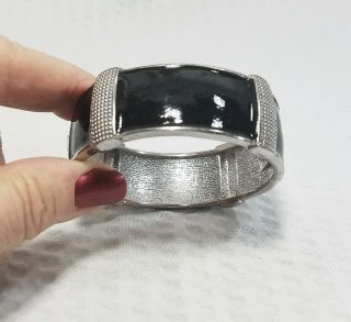Vintage Silver Tone And Black Enamel Art Deco Clamper Bracelet