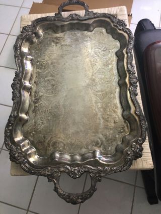 Large 19th Century Silver Plate Footed Serving Tray With Handles 30” X 17 1/2”