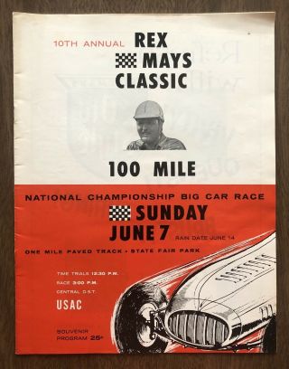 1959 100 Mile Championship Big Car Auto Race Program Rex Mays Classic Wisconsin