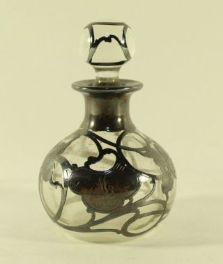Vintage Sterling Silver? Overlay Foliage Clear Glass Perfume Bottle Signed.