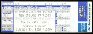 Nov 25,  2001 England Patriots Vs Orleans Saints Full Ticket Brady 4 Td 