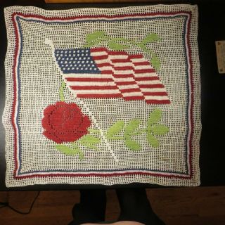 Vintage Hand Embroidery American Beauties 48 Star American Flag Rose Old Glory