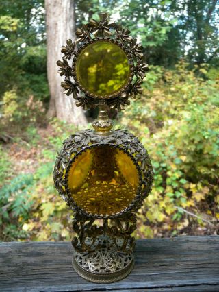 11.  5 Inch Tall Large Ormolu Gold Gilt Metal Vintage Amber Glass Perfume Bottle