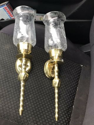 Vintage Pair Solid Brass Wall Sconces Candle Holders 16” Crackle Glass Shades