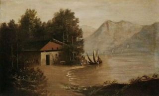 Antique American? Lakeside Landscape & Cottage W/ Figures Oil On Canvas