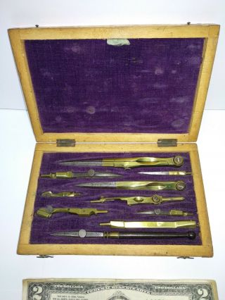 Antique Wooden Case With Bronze Drafting Tools Set For Ink Drawing