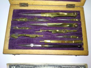 Antique wooden case with Bronze Drafting Tools set for Ink Drawing 2