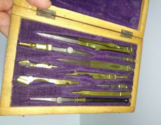 Antique wooden case with Bronze Drafting Tools set for Ink Drawing 3