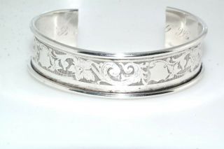 Antique Napkin Ring Leaf Vine Pattern Bright Cut Sterling Silver Cuff Bracelet