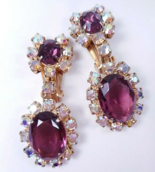Vtg Juliana D&e Big Purple Glass Ab Rhinestone Drop Dangle Earrings
