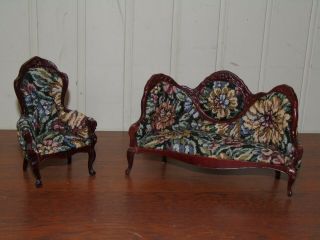 Vintage 1:12 Tapestry Settee & Wing Back Chair Dollhouse French Victorian Sofa