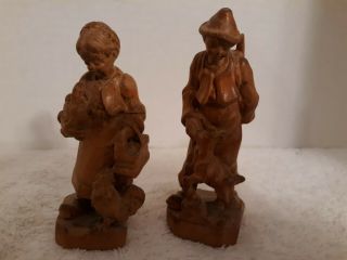 W.  U.  M.  Heinzellar 2 Wood Carved Figures,  Boy With Dog And Girl With Chicken