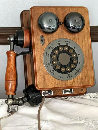 Vtg Retro Old Fashioned Corded Phone Wall - Mounted Landline Rotary Telephone Wood