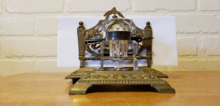 ANTIQUE / VINTAGE VICTORIAN STYLE BRASS AND CRYSTAL INKWELL AND DESK CADDY 2