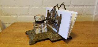 ANTIQUE / VINTAGE VICTORIAN STYLE BRASS AND CRYSTAL INKWELL AND DESK CADDY 3